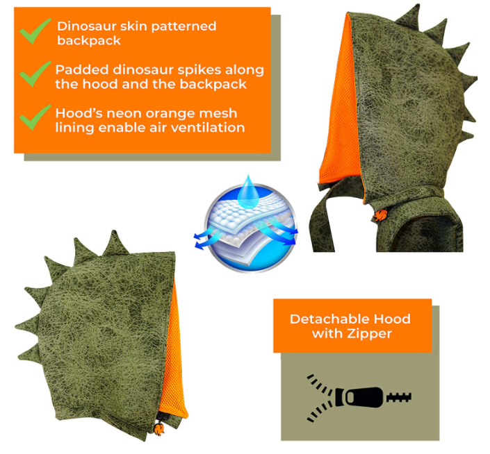 Dinosaur Backpack for "BIG Kids & Adults" - Detachable Hood - Water-Repellent